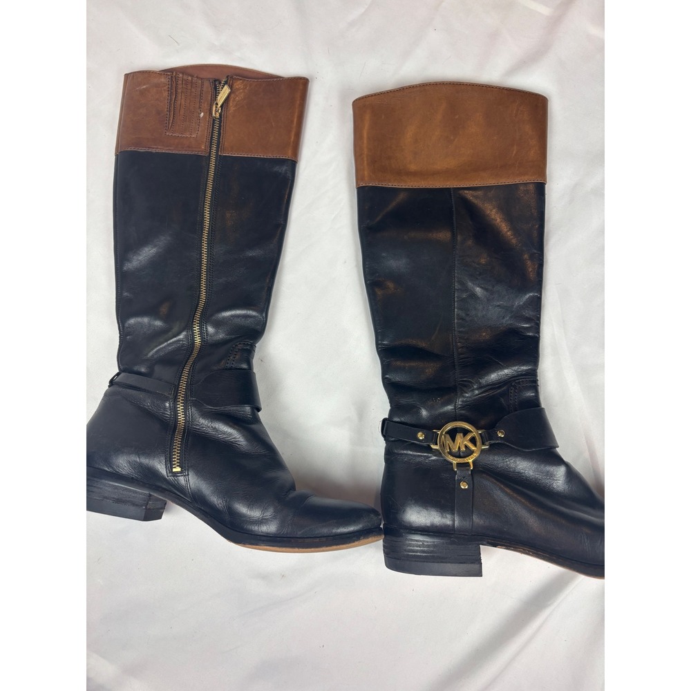 Michael Kors Black Brown Leather Tall Riding Boots MK Logo Gold Hardware 9M